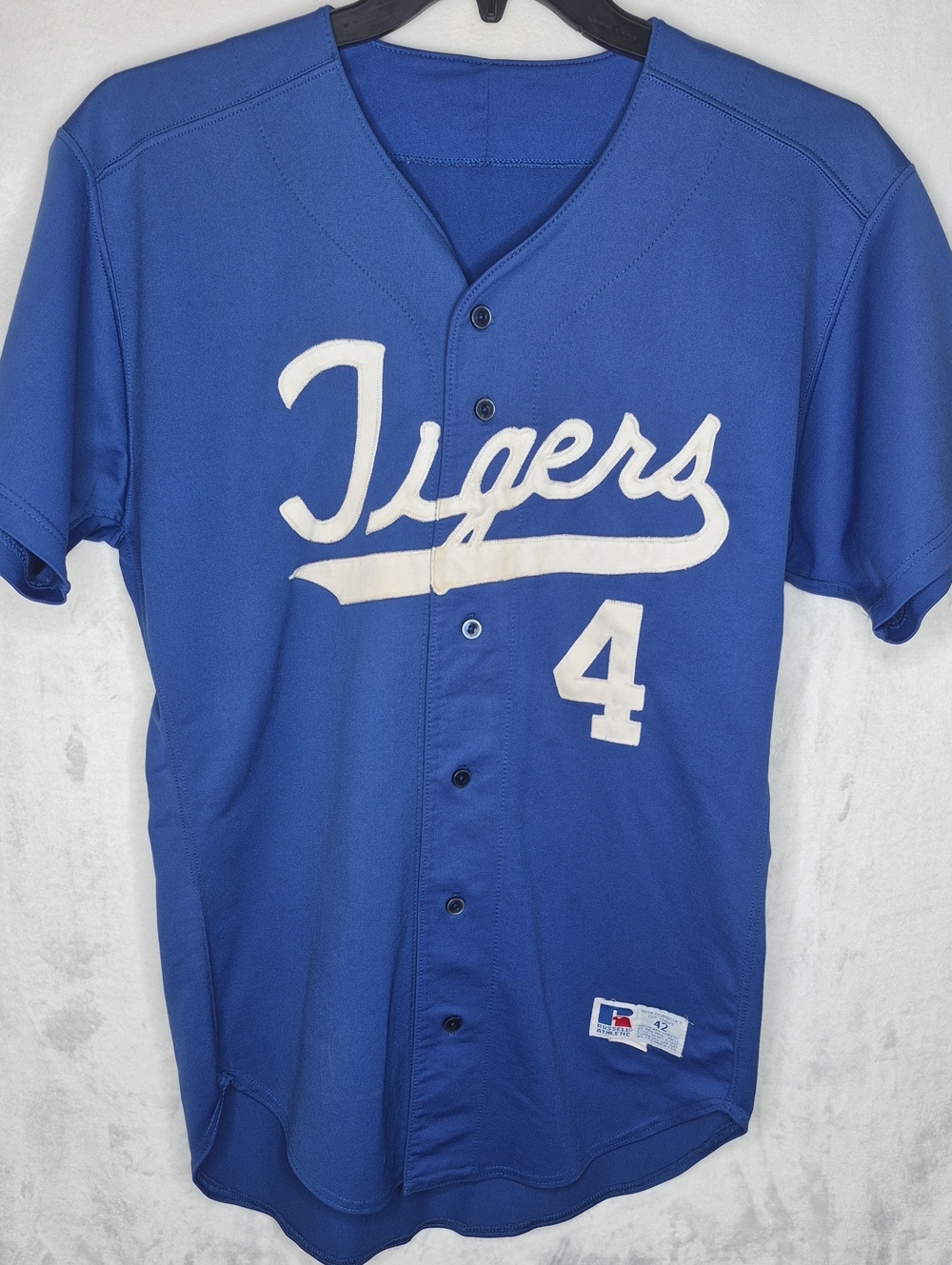 Vintage Russell Athletic Blue Tigers 4 Button Up Baseball Jersey - Size 42